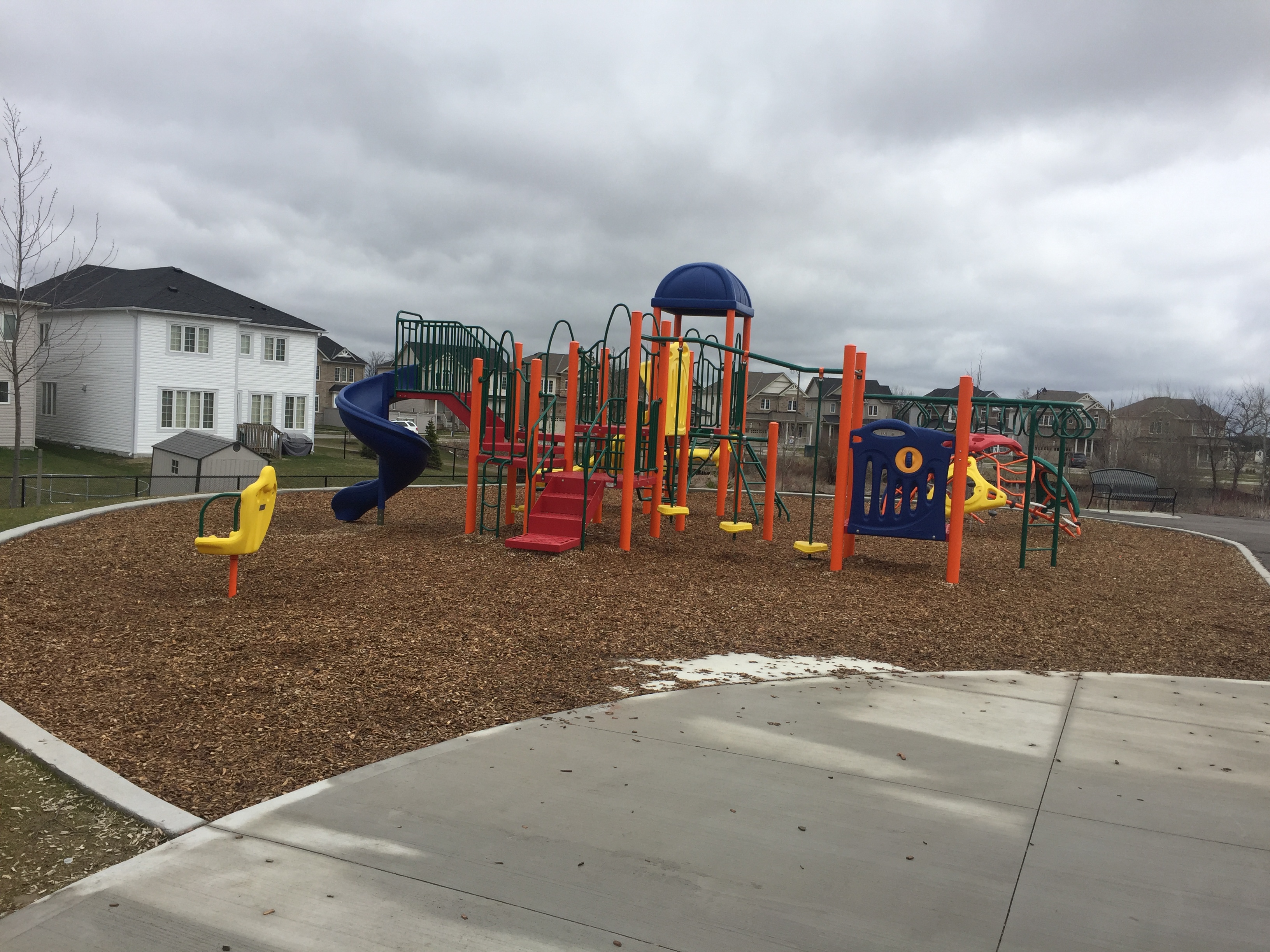 Shelburne Community Park playground equipment in Shelburne, ON showing community splash pad
