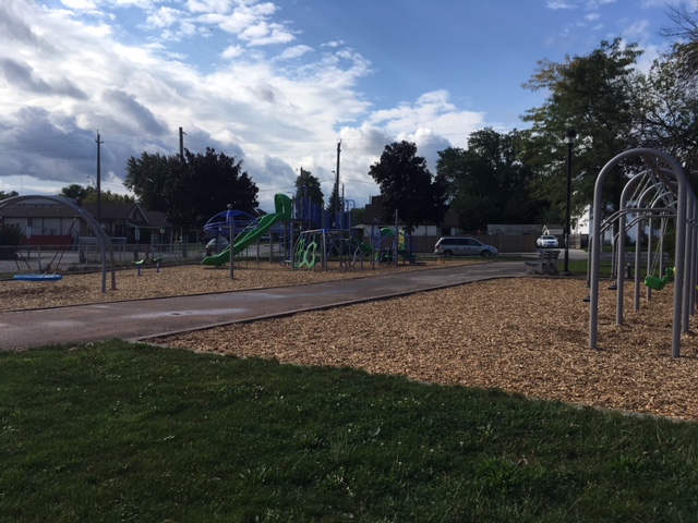 Parkdale School playground equipment in Hamilton, ON showing community splash pad