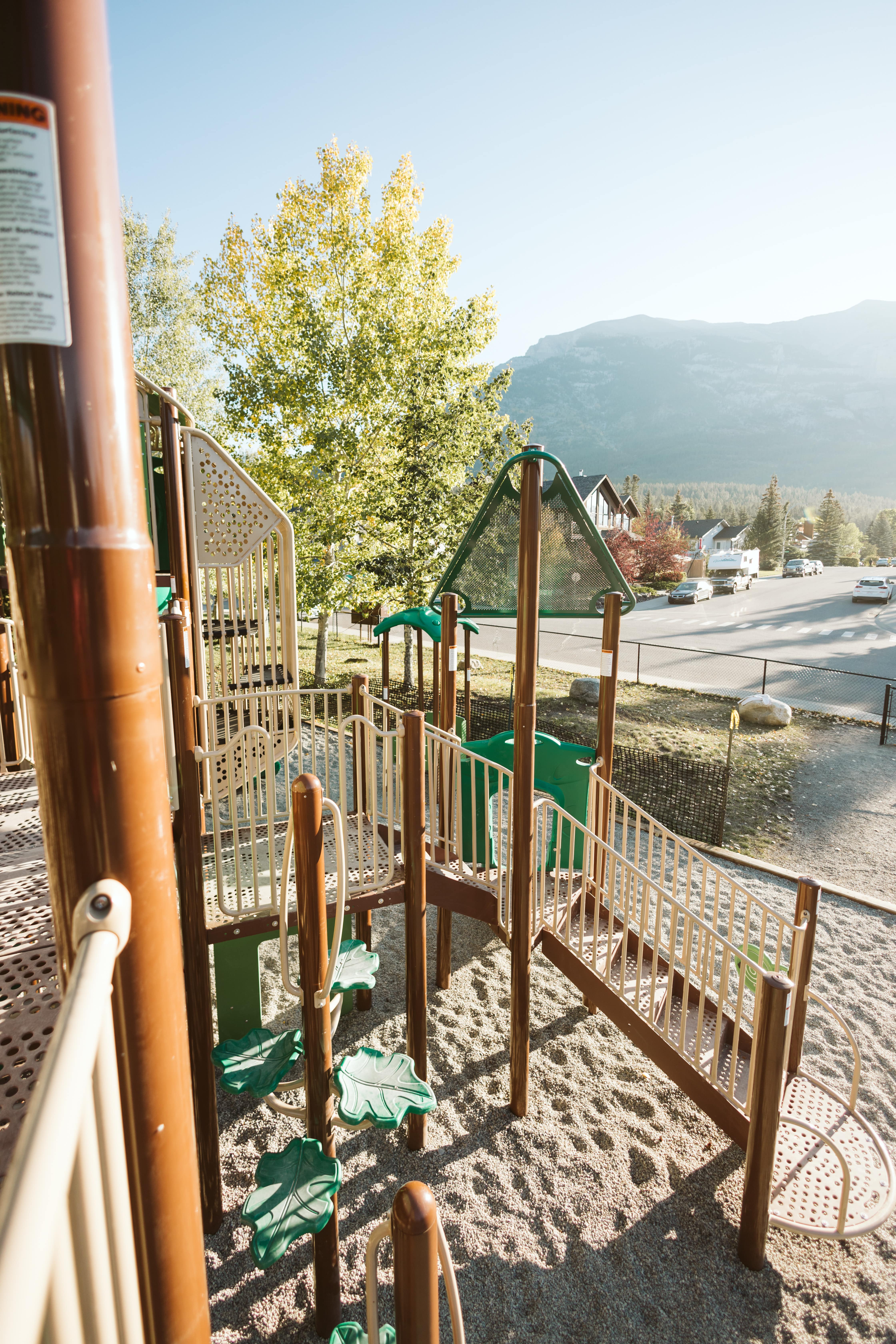 Lady MacDonald Park (Canmore, AB) playground in Canmore, AB - overview of play area and equipment