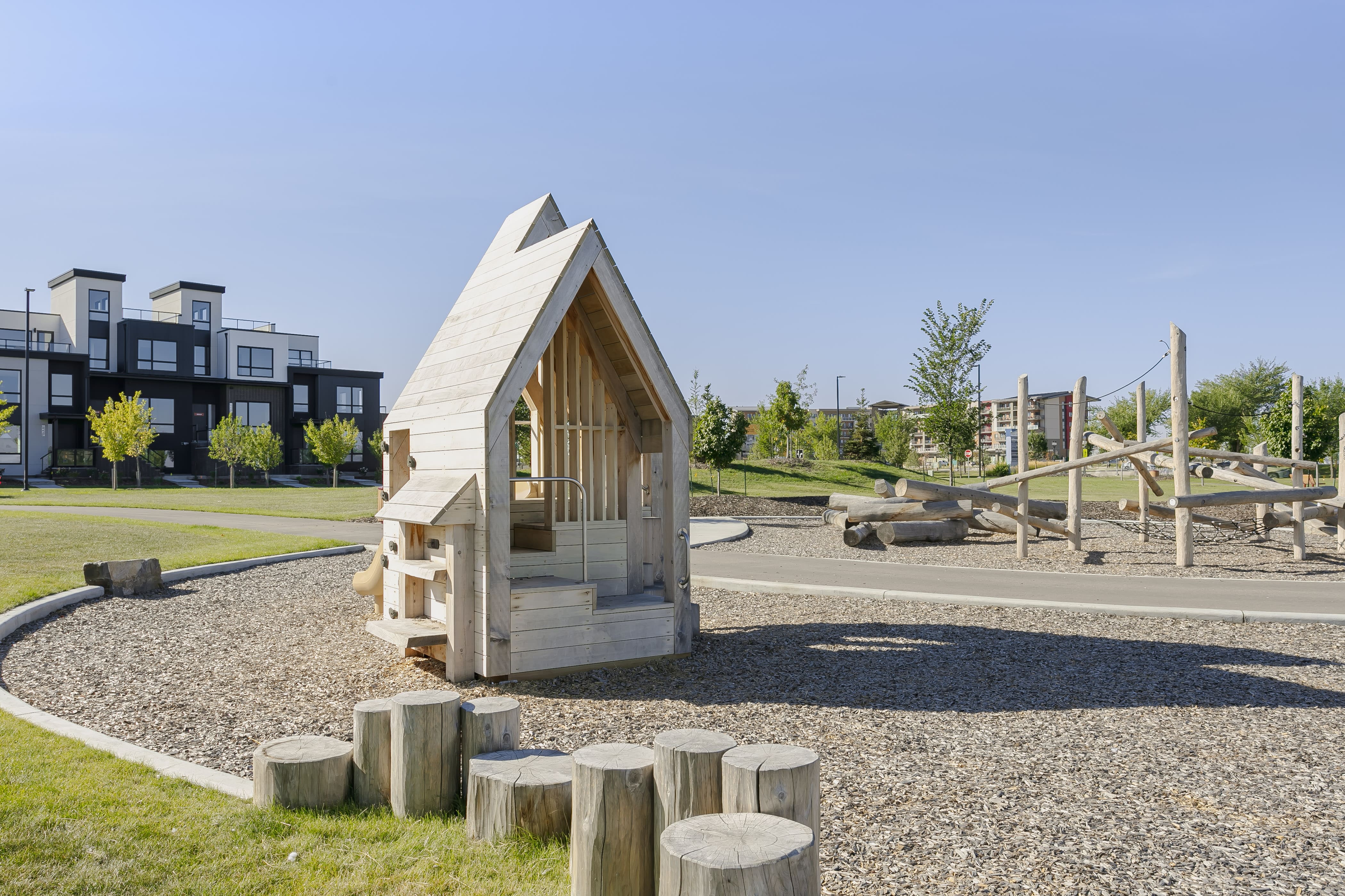 Rondeau Park playground in Edmonton, AB - natural and built play elements