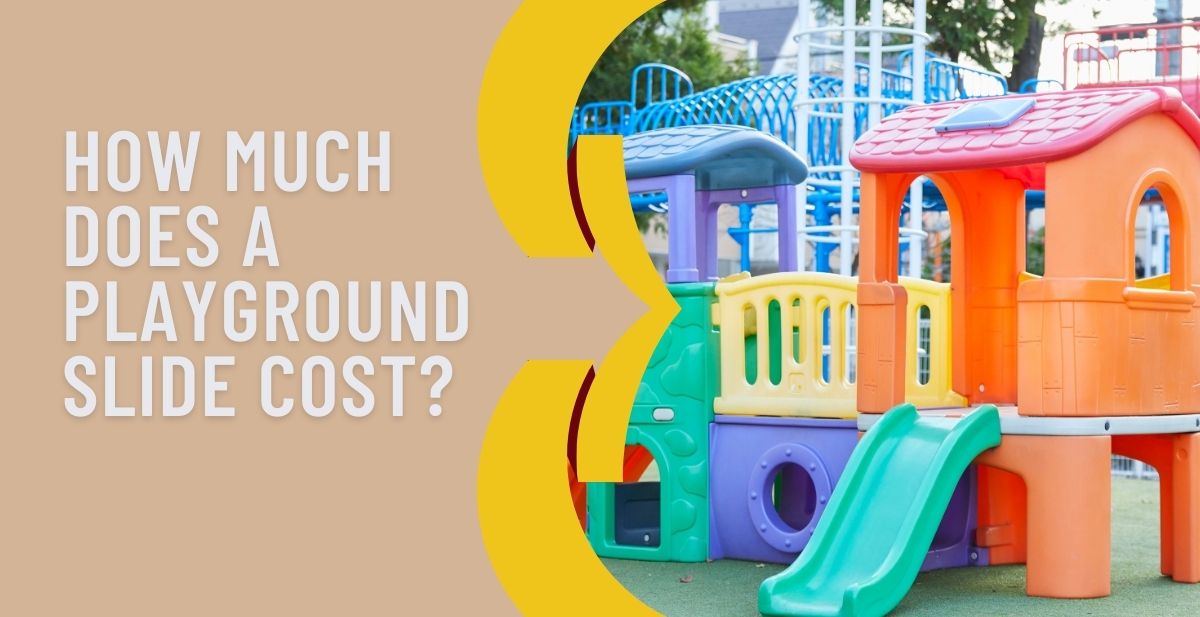 Colourful plastic play structure with a green slide, a playhouse and a blue climbing frame behind