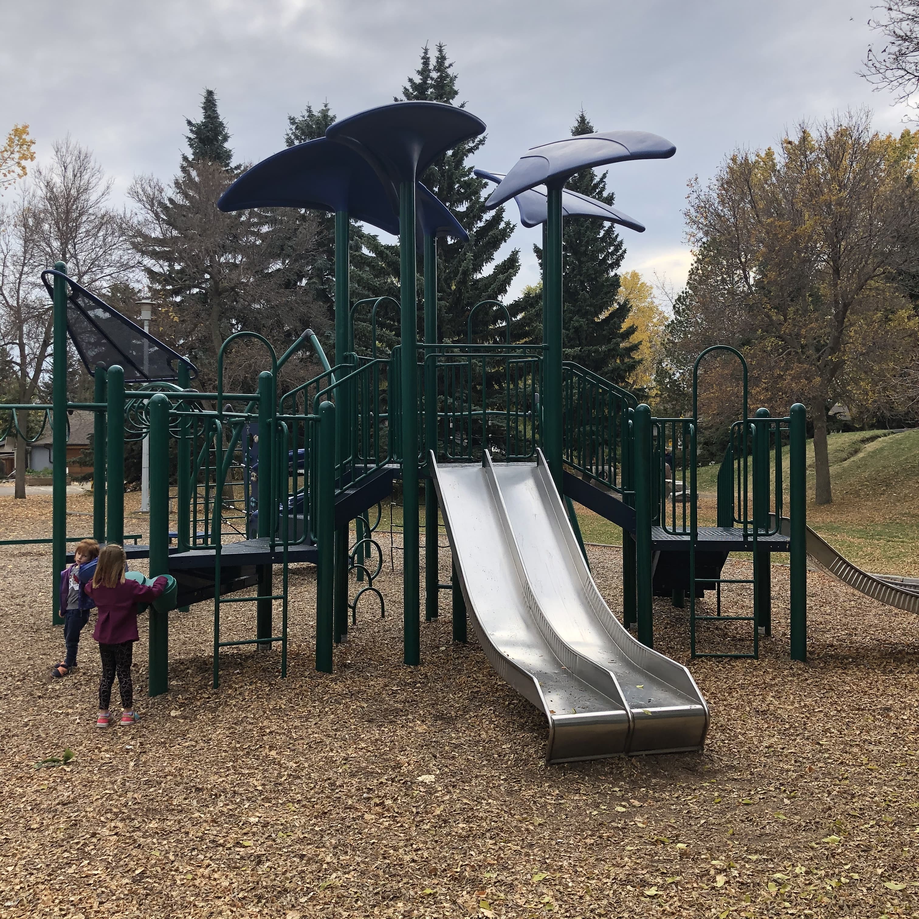 Small play zone with a green frog-shaped slide, yellow posts and a four-seat spring seesaw on woodchip surfacing.