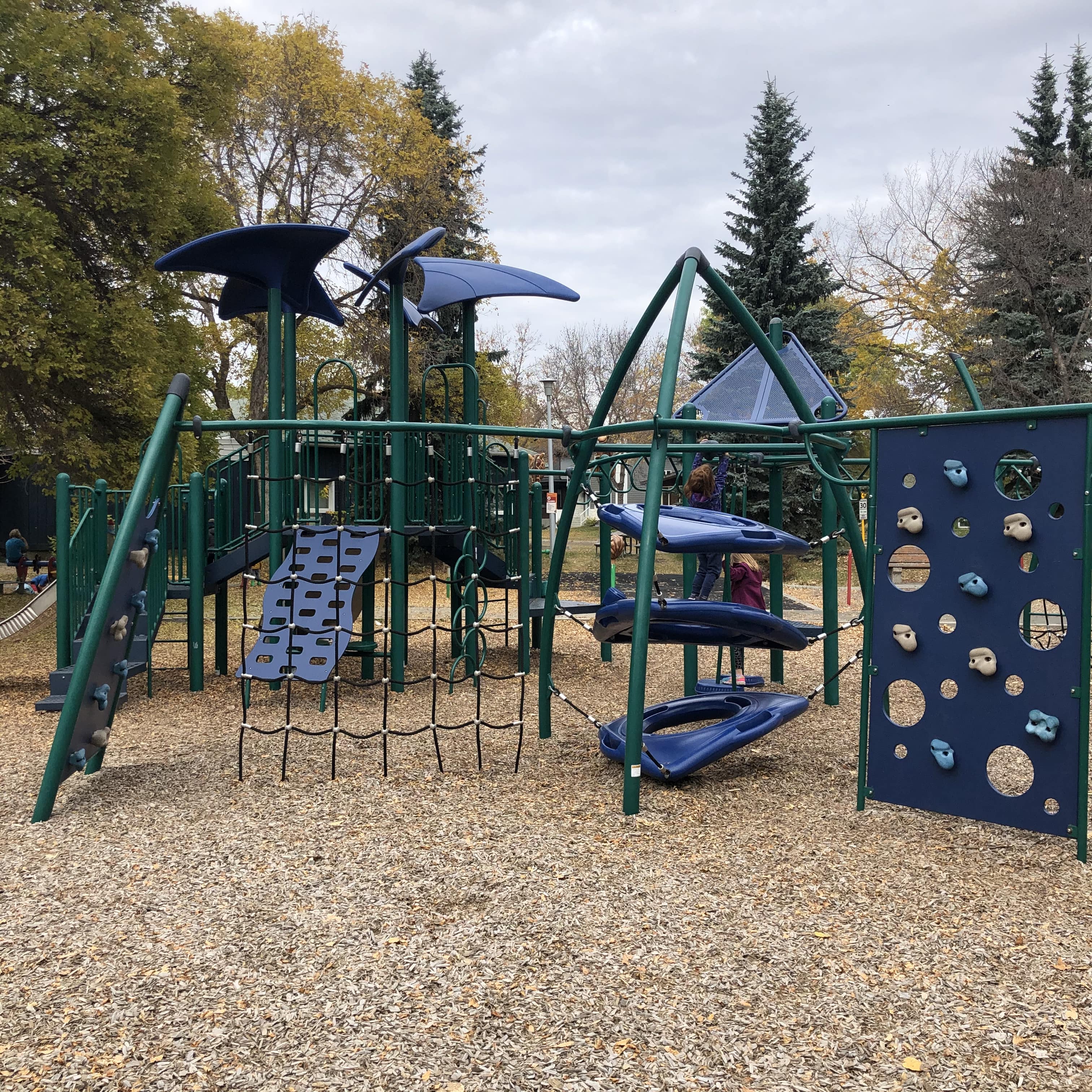 Green-and-blue play structure with rope netting, a blue spiral step stack, and a vertical climbing panel with circular cutouts.