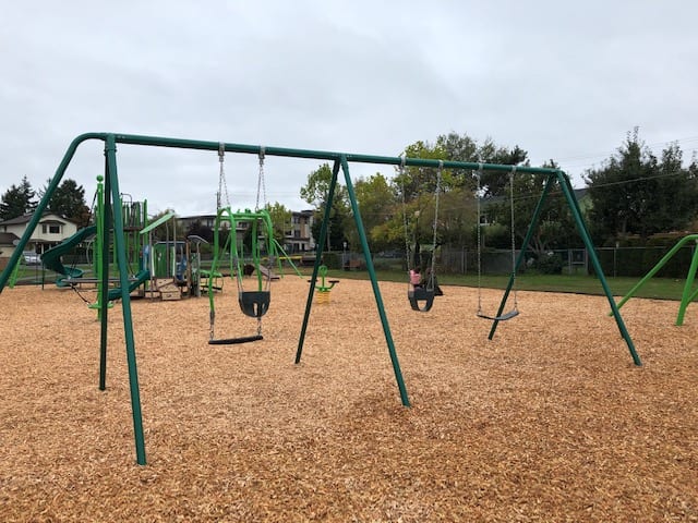 Row of green-framed swings, including bucket seats; one person seated on a swing with playground equipment and houses behind.