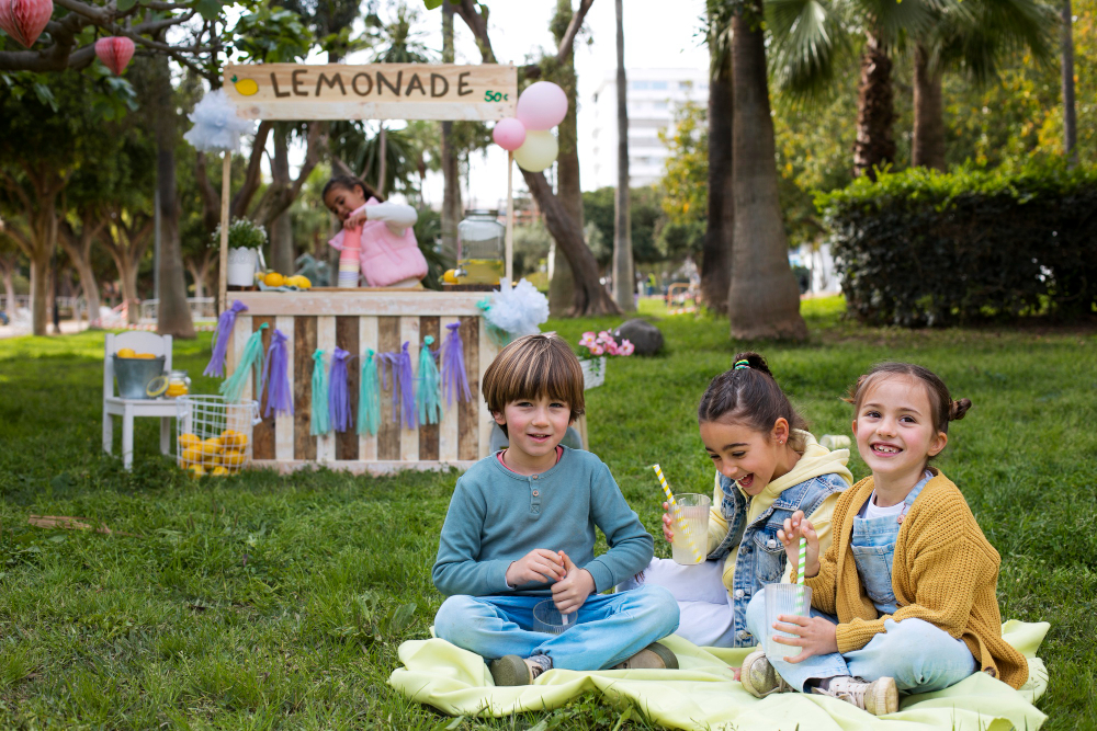 Three children sitting on a picnic blanket in a park drinking lemonade, with a decorated lemonade stand behind them