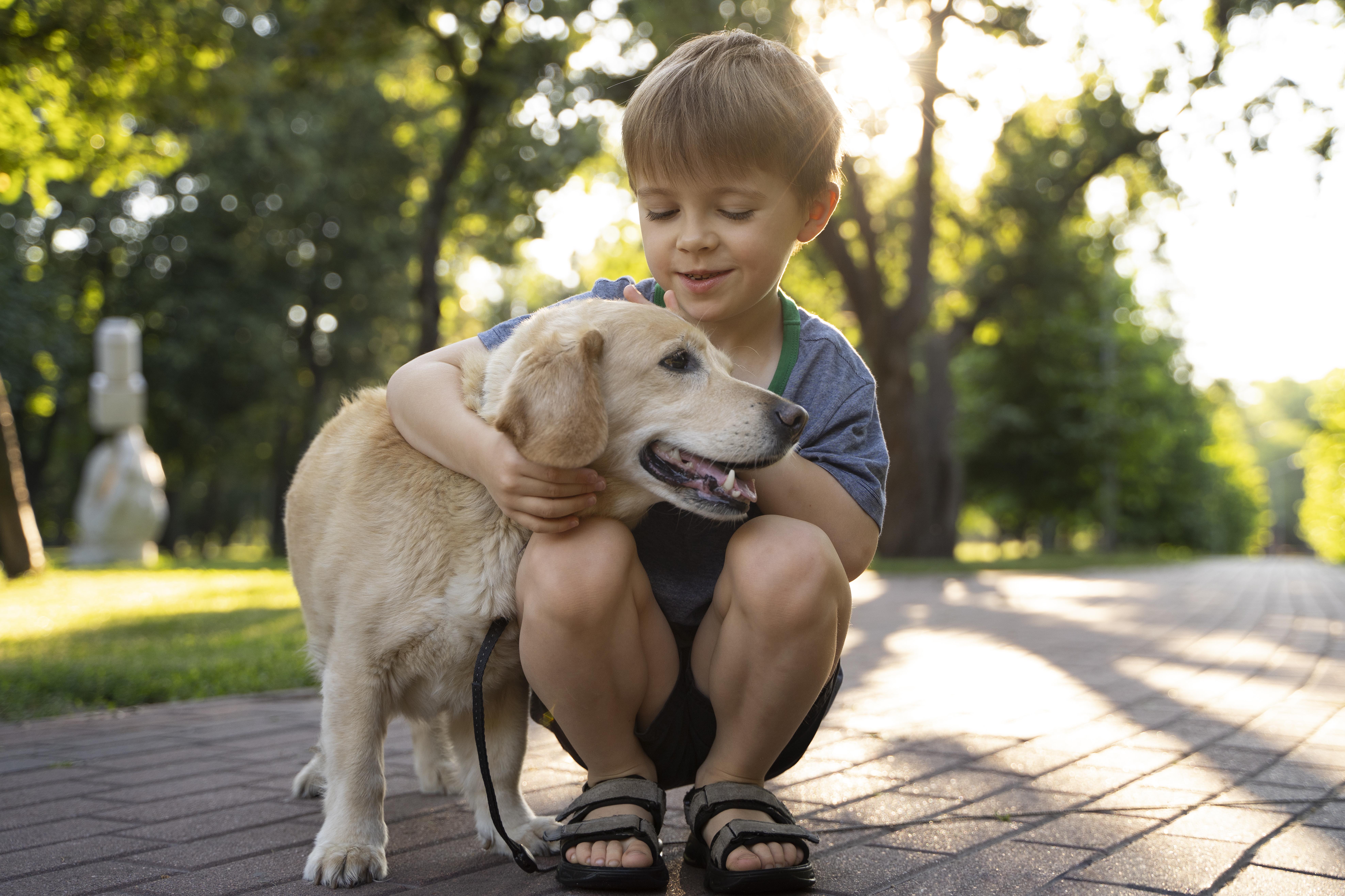 Young boy crouched on a sunlit park path hugging a light-colored dog on a short leash