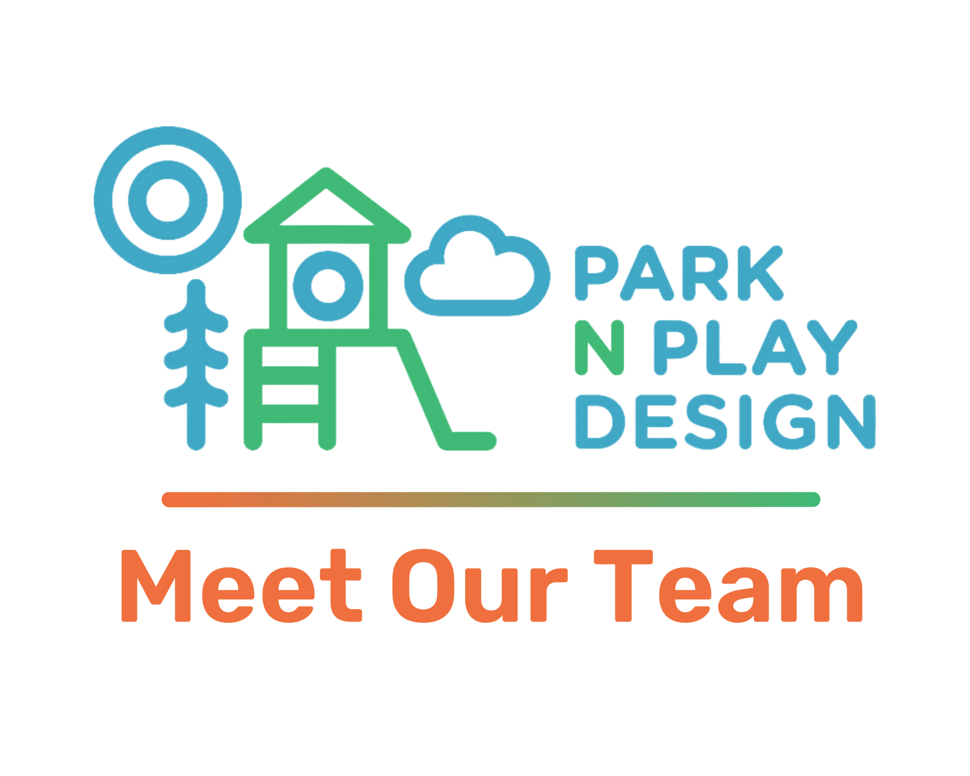 Colorful playground illustration and logo reading PARK N PLAY DESIGN with orange headline Meet Our Team