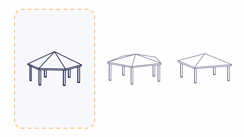 Three minimalist line drawings of shelters with angled roofs. The left one is highlighted with a dashed orange border, emphasizing its prominence.