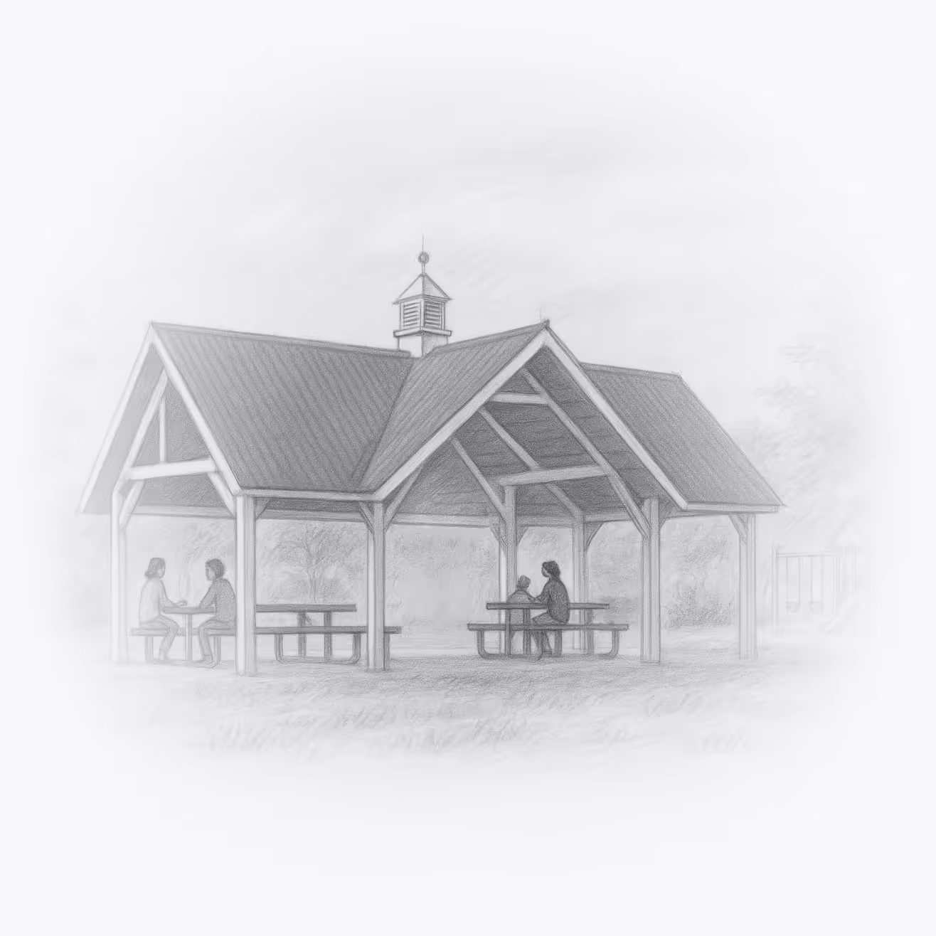 Pencil sketch of a large pavilion with a pitched roof and picnic tables, showing adults and children sitting inside and a swing set faintly visible in the background.