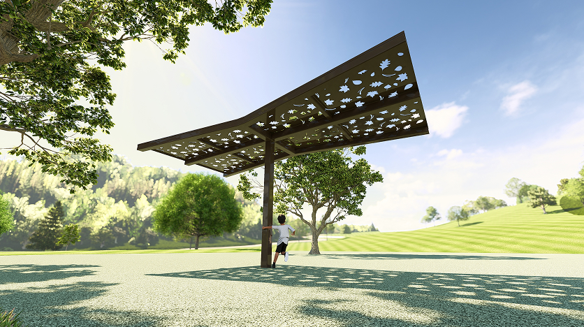 A person stands under a modern, metal canopy with leaf patterns, casting shadows on the ground. Surrounding are lush green trees and a sunny, serene landscape.