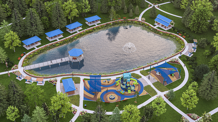 Aerial view of a park with a serene pond, surrounding blue-roofed pavilions, playground with colorful structures, and winding walking paths amidst lush greenery.