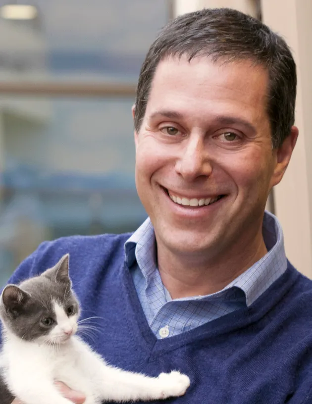 CEO of San Diego Humane Society holding a kitten.