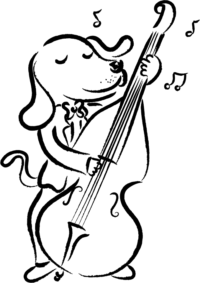 Illustration of a dog playing cello. 