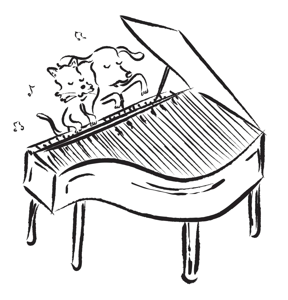 Illustration of a dog and cat playing the piano.