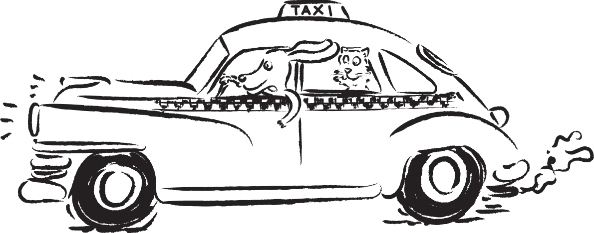 Illustration of a dog driving a taxi.