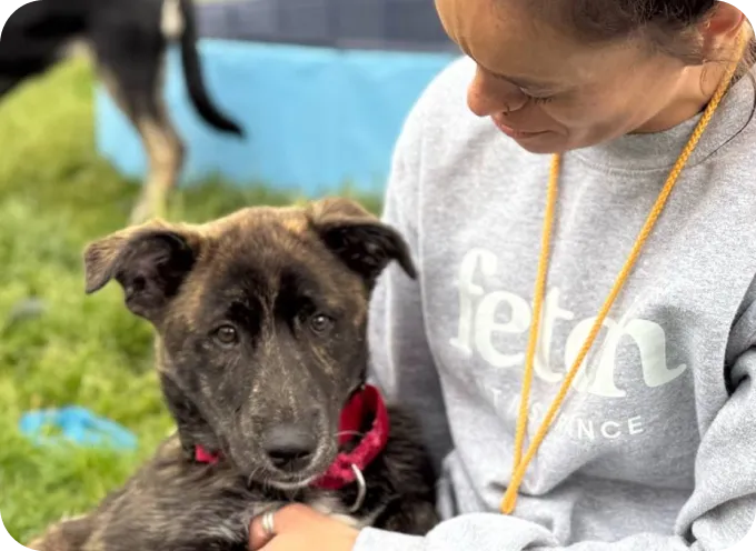 A Fetch employee getting snuggles from their dog in the grass.