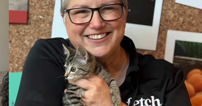 A Fetch shelter rep holding a cute kitten.