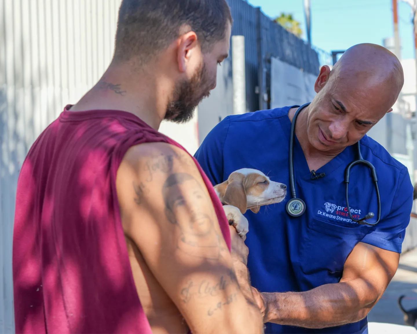 Dr. Kwane Stewart treating a puppy.