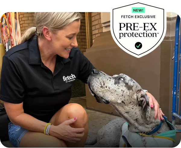 A Fetch employee with a shelter dog and a shield that says "NEW! Fetch Exclusive, PRE-EX protection".