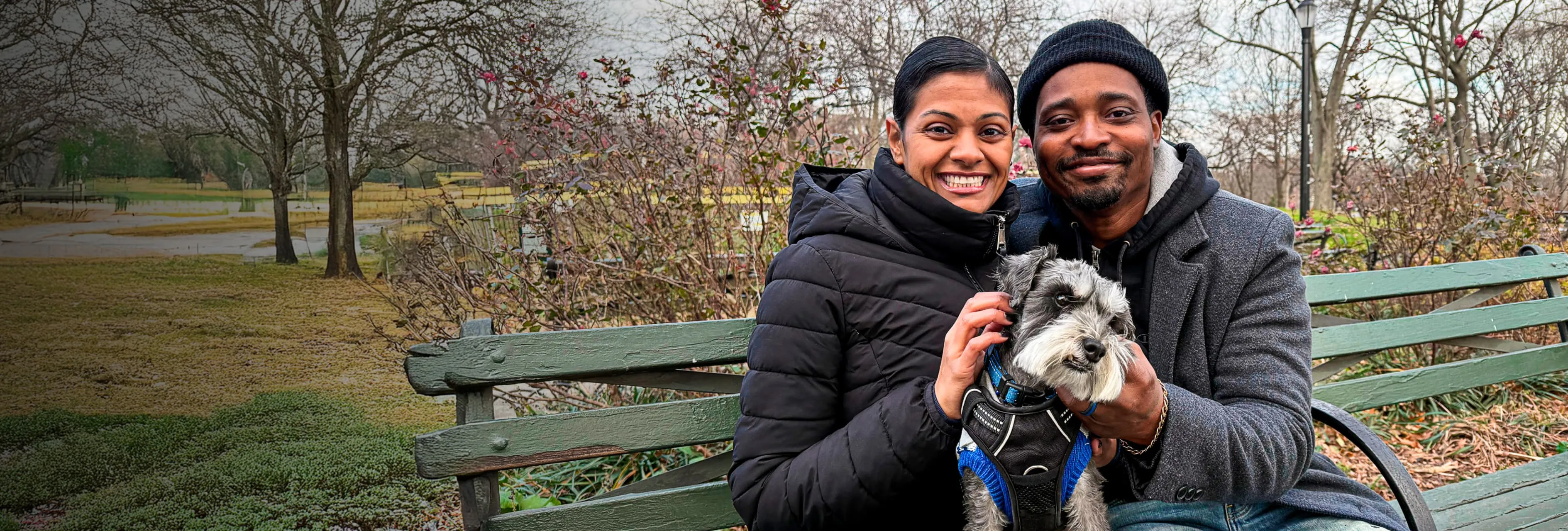 Guinness and pet parents outside sitting on a bench.