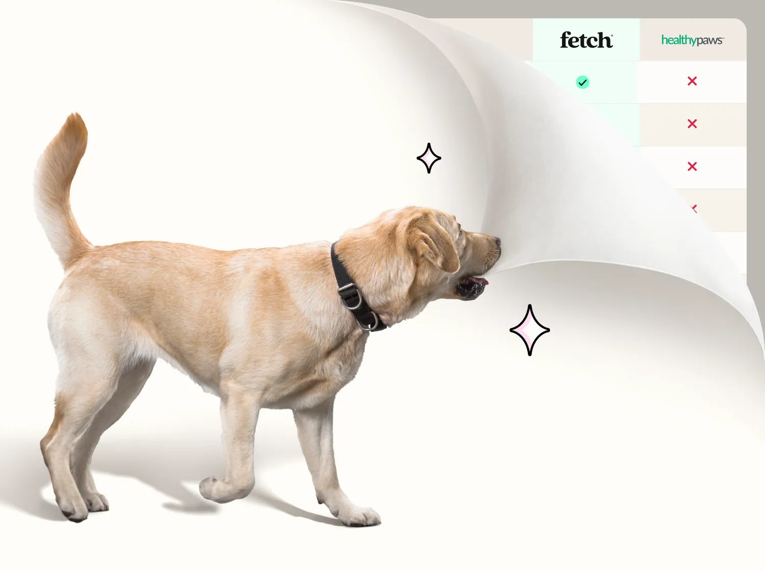 A Labrador biting the corner of the screen and pulling it back to reveal a comparison chart.