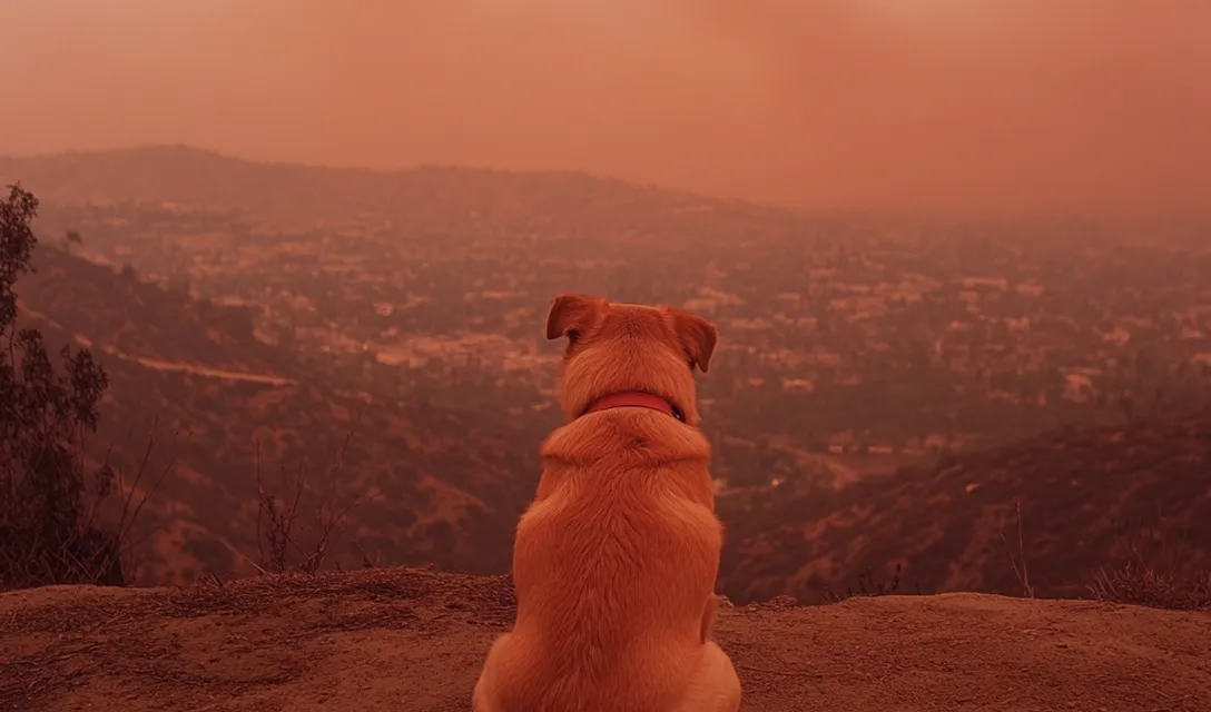 Dog pictured looking out over L.A. during the tragic wildfires of 2025.