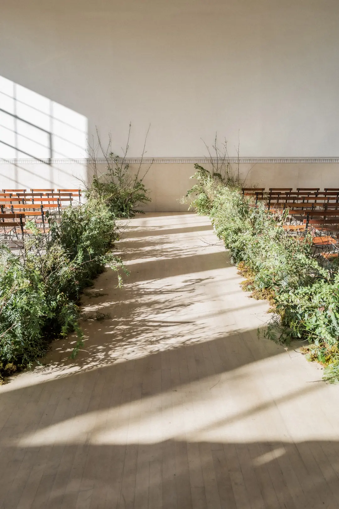 Sunlit indoor wedding aisle lined with lush green foliage and wooden chairs on both sides.