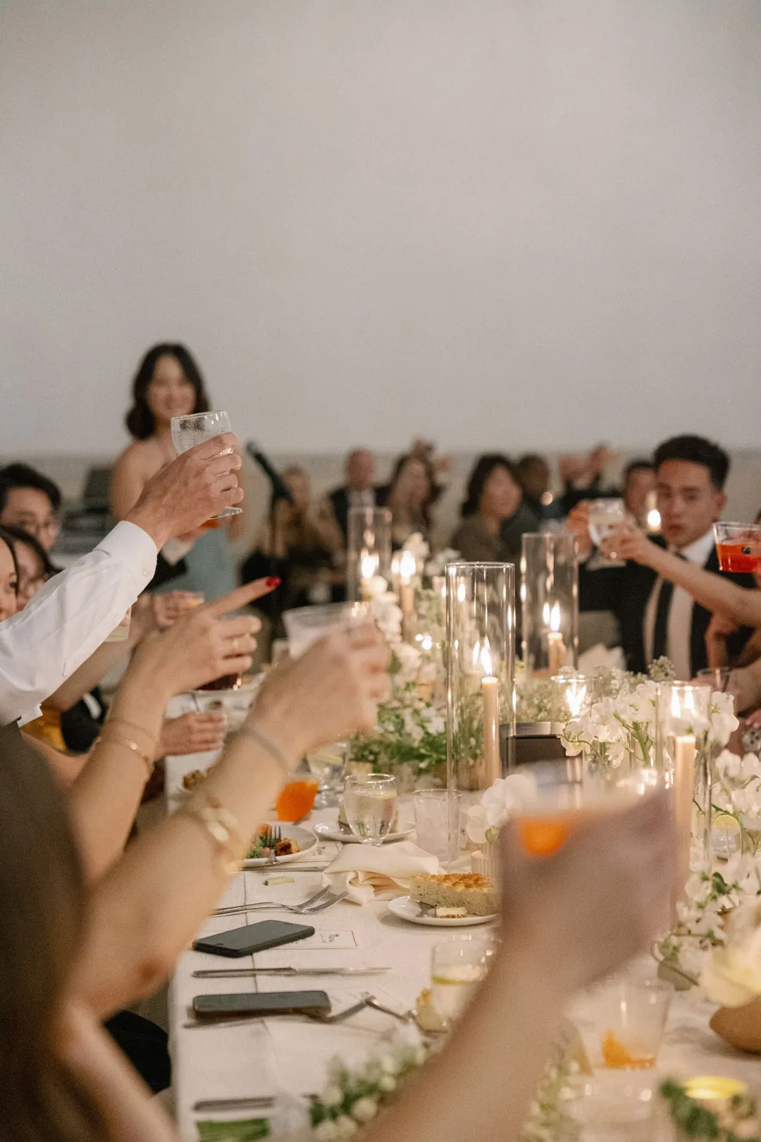 Wedding guests raising their glasses along a dining table