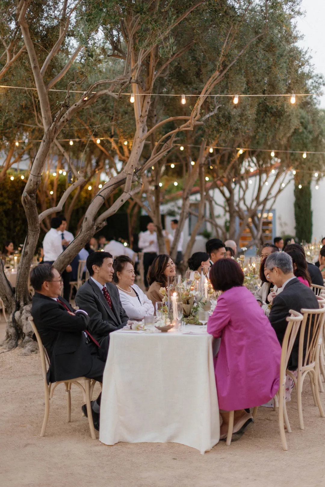 Guests talking around an outdoor dining table at dusk