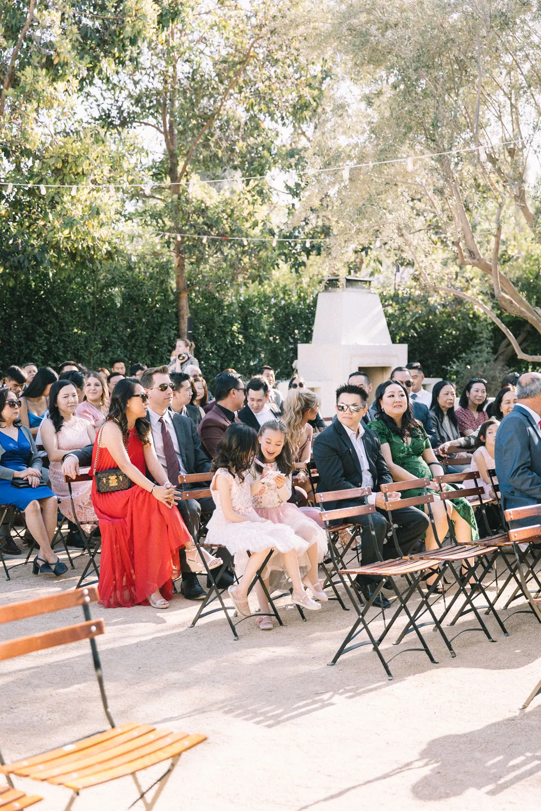 Guests seated for a wedding ceremony beneath olive trees