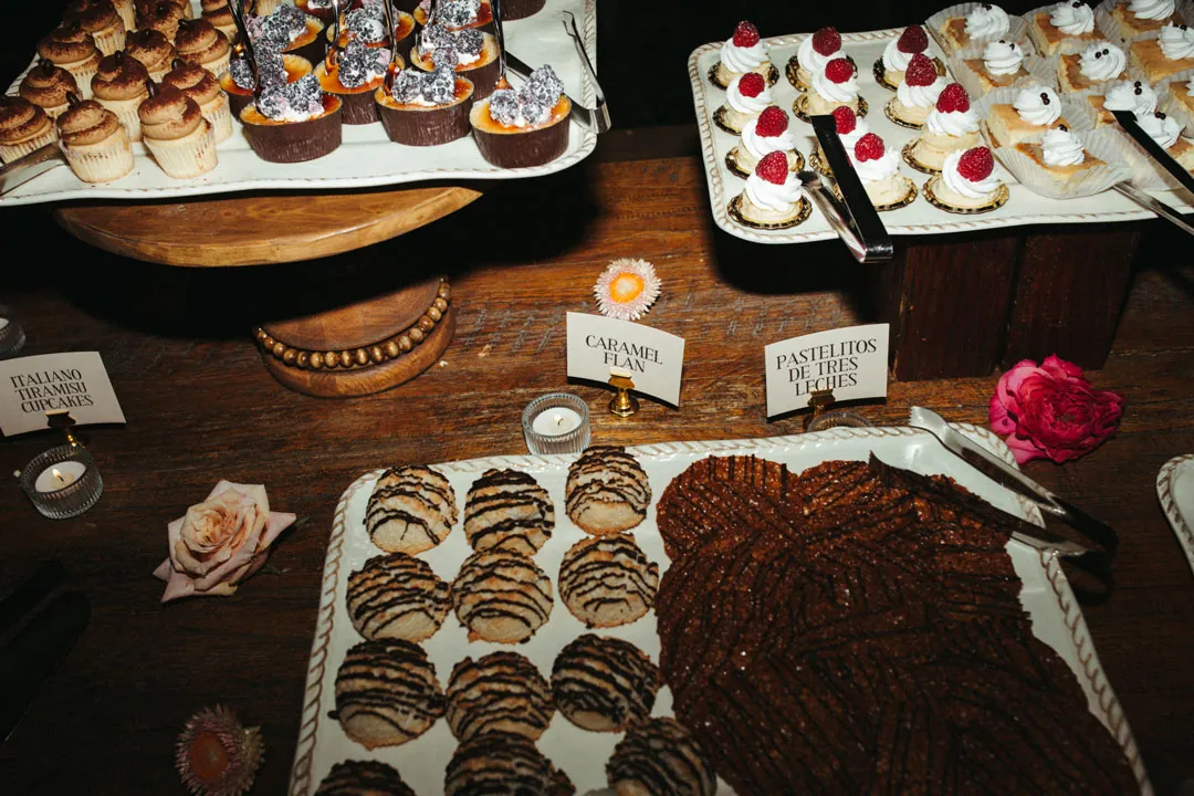 Assorted pastries and small desserts on a display table