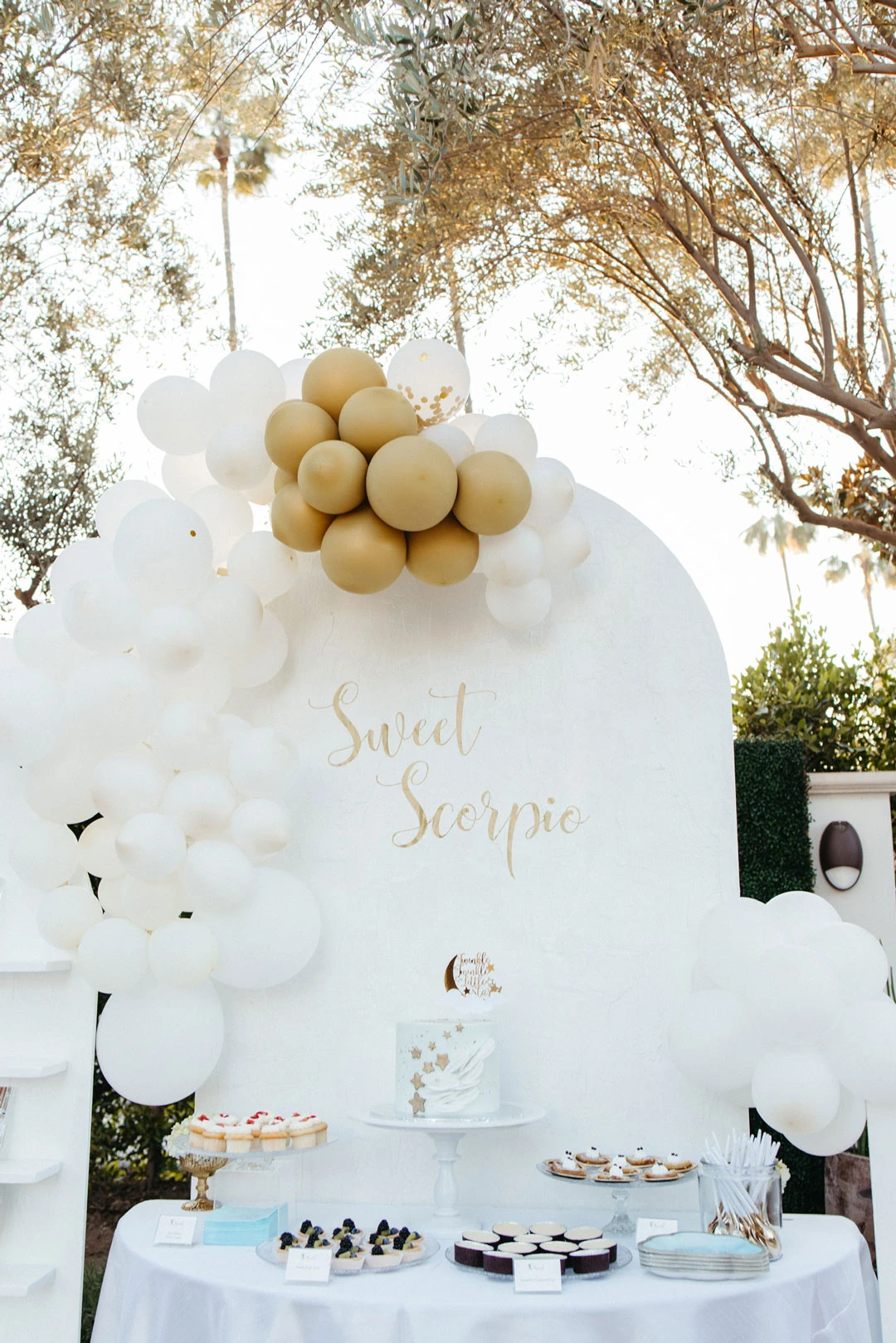 Outdoor dessert table framed by white and gold balloons.