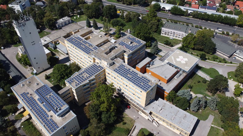 A hospital with solar panels 