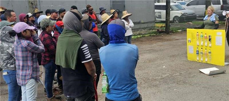 Workers listen to a presentation on hydration.