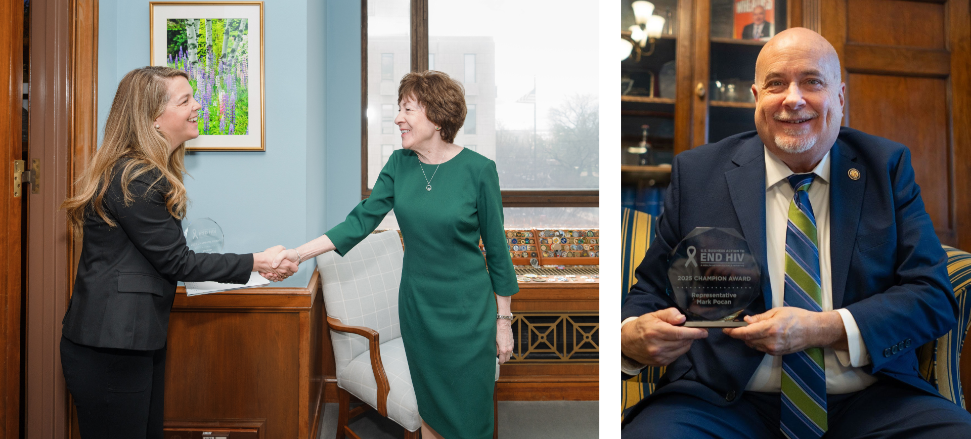 Director Caroline Jackson shakes hands with Sen. Susan Collins, and Rep. Mark Pocan holds up his award.