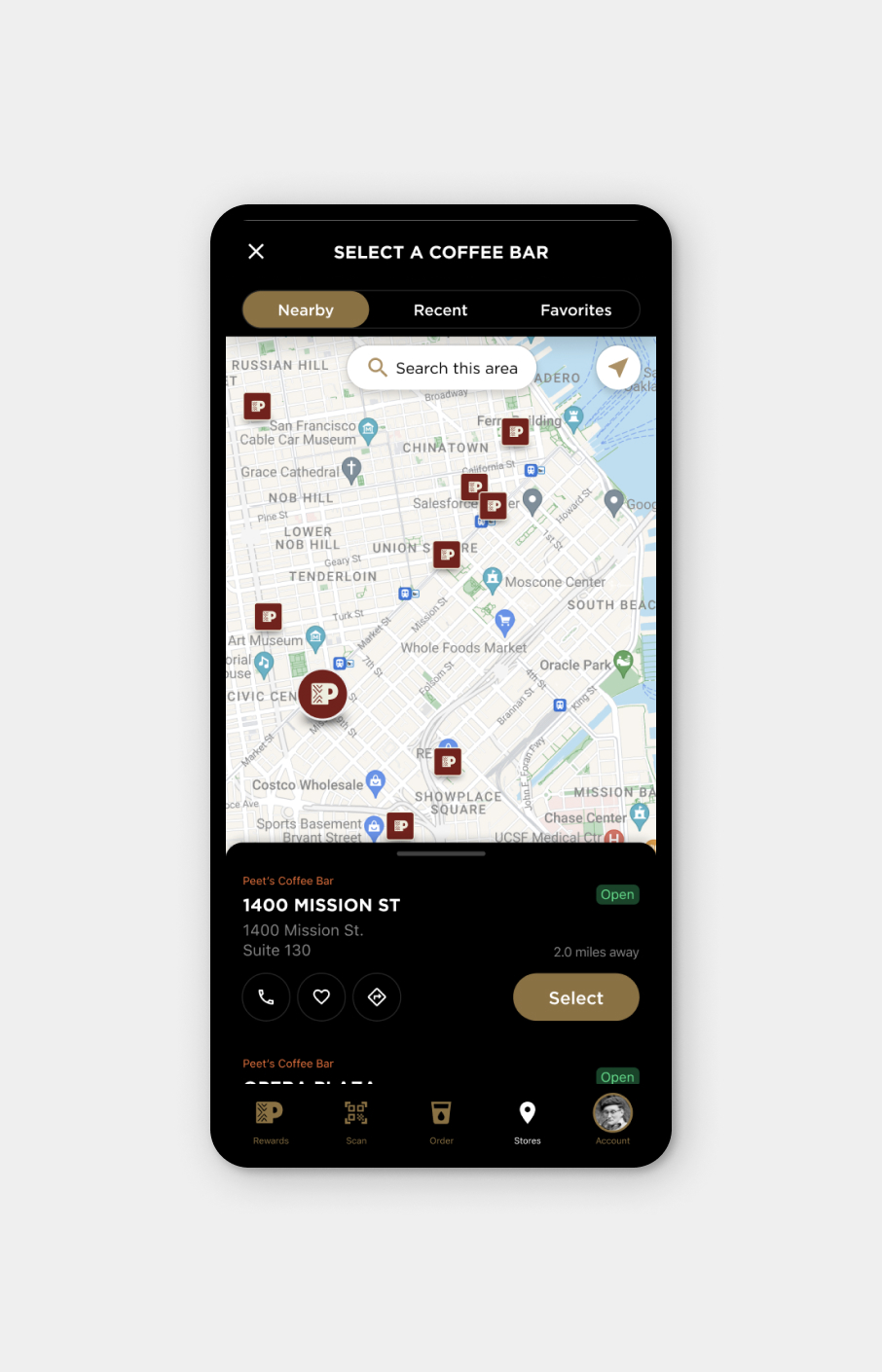 Mobile app screen showing a map of San Francisco with multiple Peet's Coffee Bar locations pinned, highlighting 1400 Mission St. as open and 2.0 miles away with options to call, favorite, or select the location.