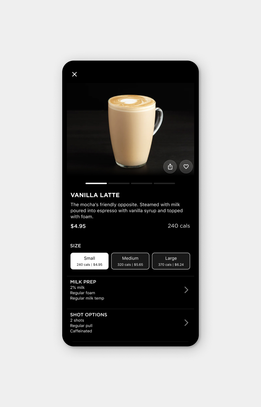 Menu screen displaying a vanilla latte in a glass mug with foam art, description, price, calorie count, and customization options for size, milk prep, and shot options.