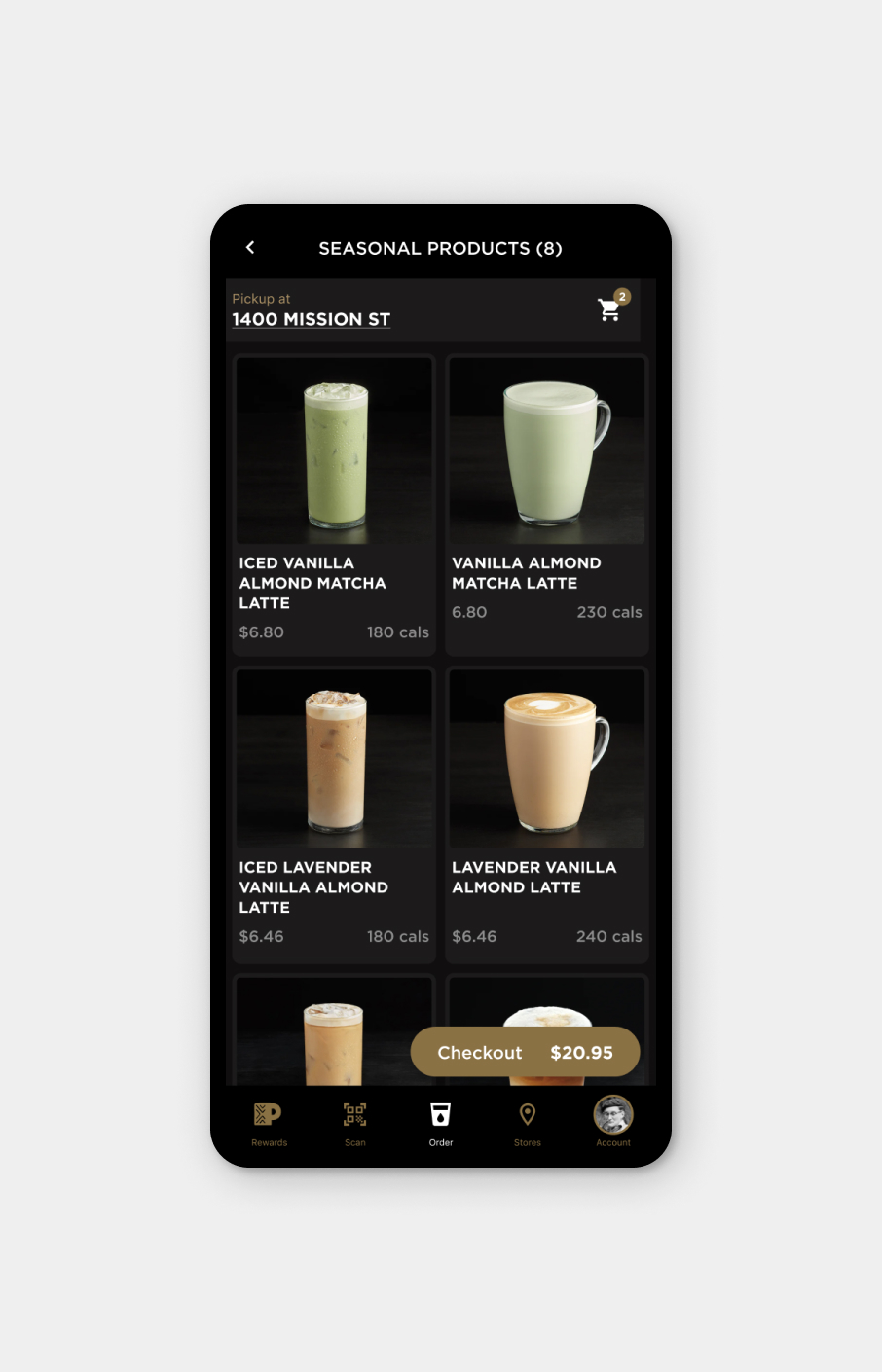 Mobile app screen showing seasonal coffee products for pickup at 1400 Mission St, including iced vanilla almond matcha latte, vanilla almond matcha latte, iced lavender vanilla almond latte, and lavender vanilla almond latte, with prices and calories listed.