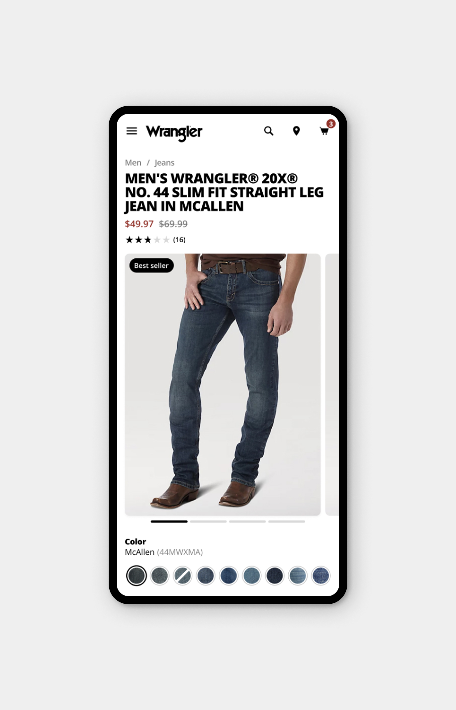 Mobile view of Wrangler men's jeans product page showing slim fit straight leg jeans in McAllen color with price and rating.