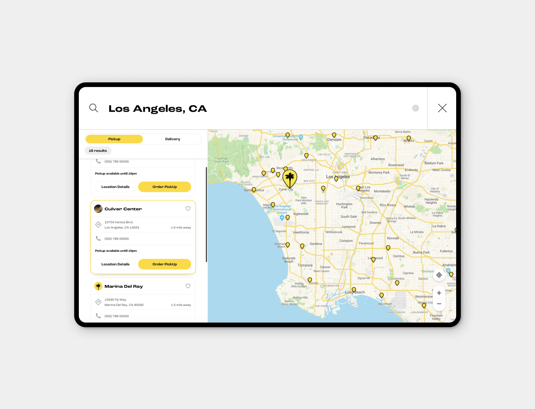 Map of Los Angeles, CA showing multiple marked pickup locations with a search panel listing location details like Culver Center and Marina Del Rey.