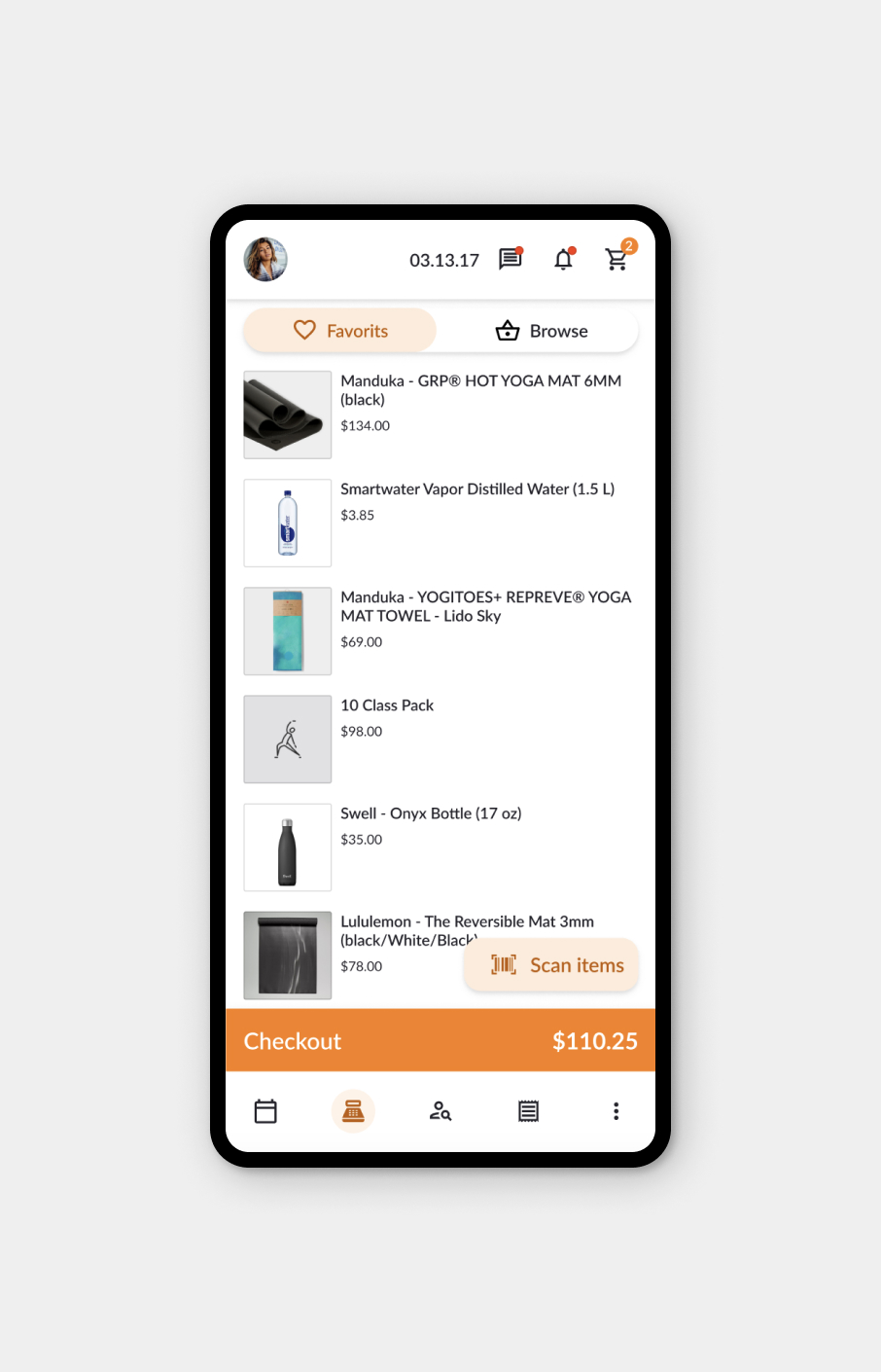 Mobile shopping app screen showing a favorites list with yoga mats, water bottles, class pack, and a checkout bar totaling $110.25.