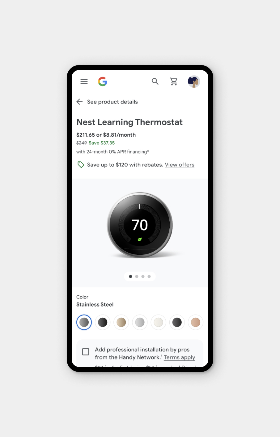 Mobile screen showing Nest Learning Thermostat priced at $211.65 or $8.81/month with color options and rebate offer.