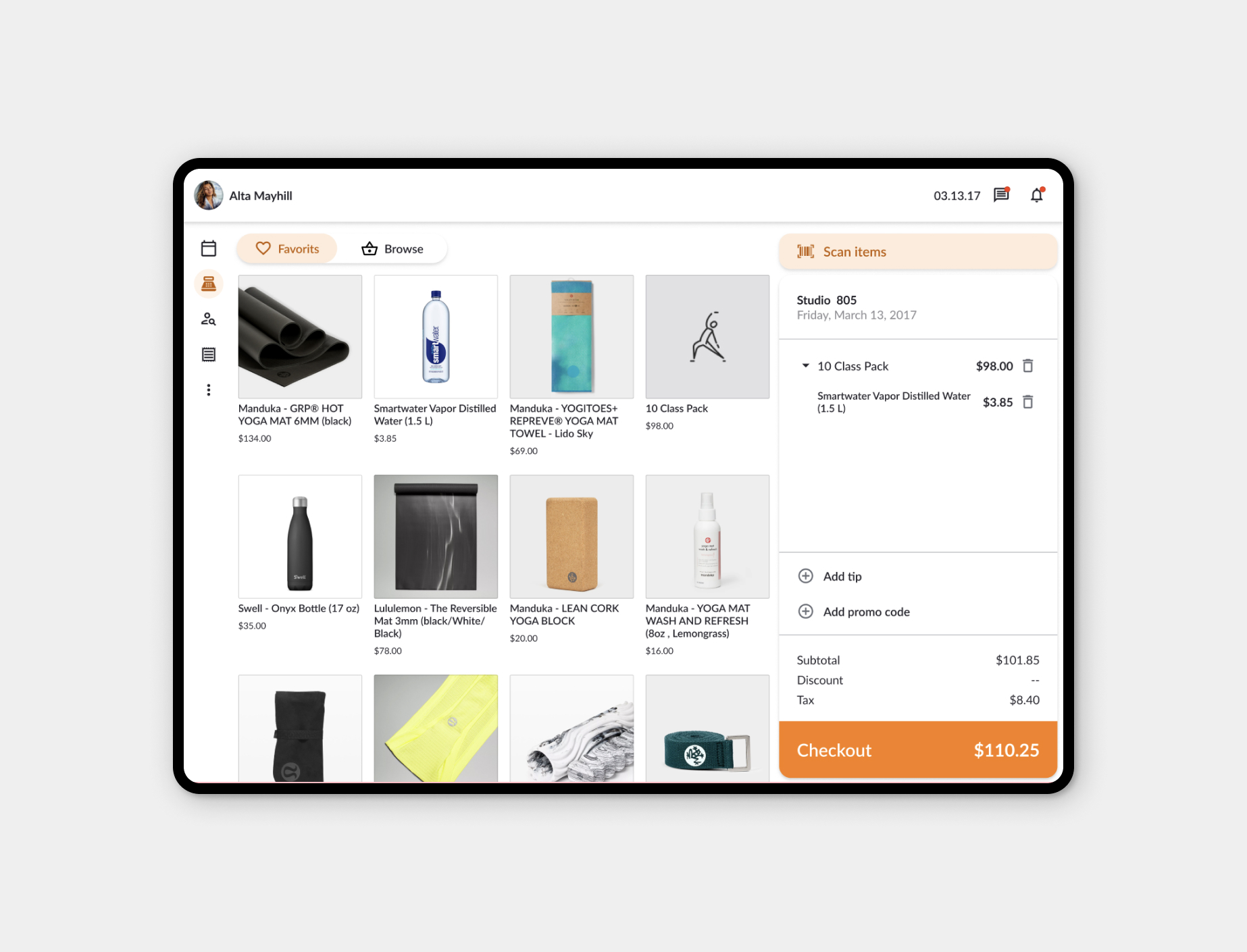 Tablet screen showing an online shopping cart with yoga and fitness products including mats, water, bottles, and blocks, and a checkout summary with total $110.25.