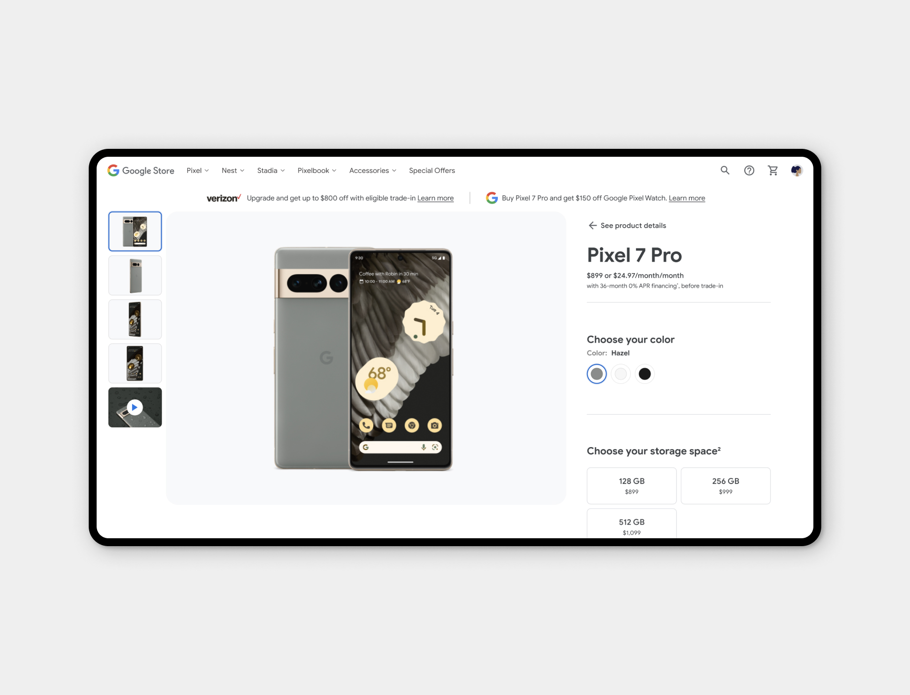 Google Store webpage showing the Google Pixel 7 Pro smartphone with front and back views, price of $899, color options, and storage choices.