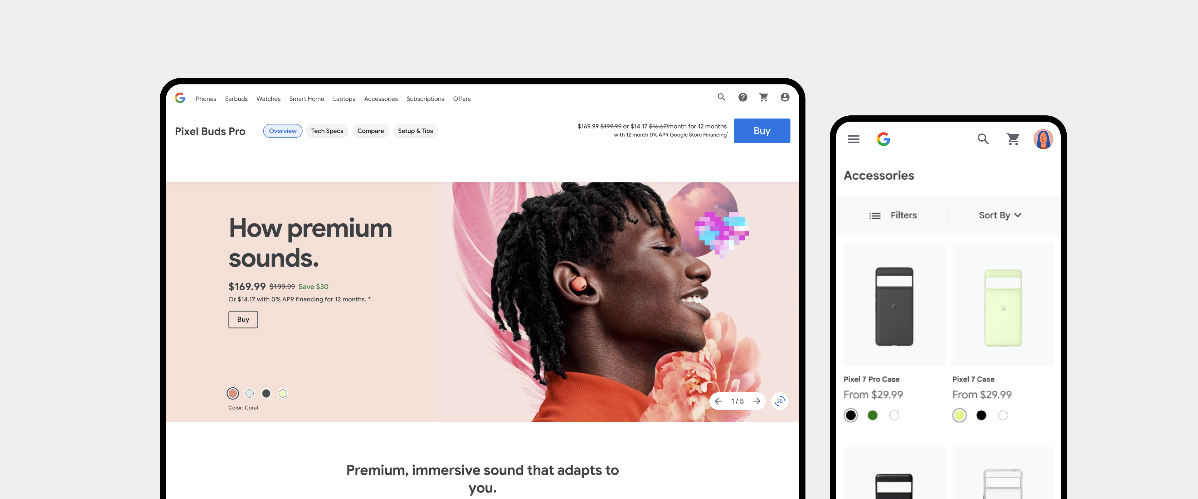 Website page showcasing Pixel Buds Pro with pricing and a side profile of a person wearing coral-colored earbuds, alongside a mobile screen displaying accessory cases.