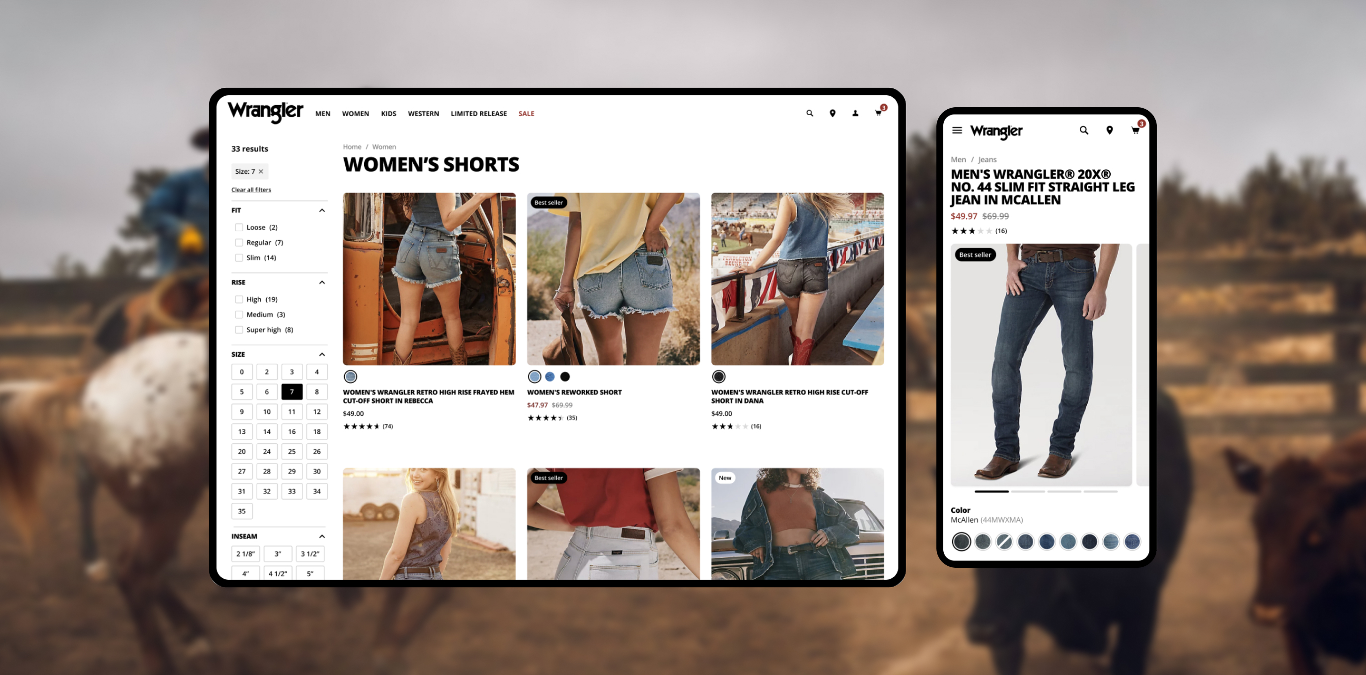 Mobile screen showing men's Wrangler 20X No. 44 slim fit straight leg jeans in McAllen with price $49.97 and a model wearing blue jeans and brown boots.