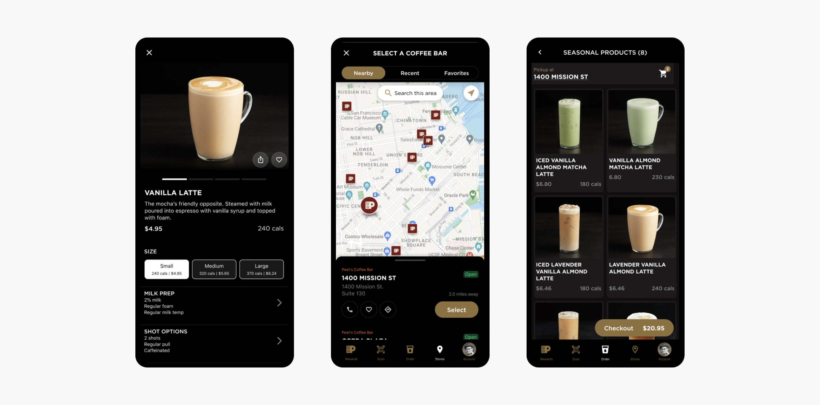 Three smartphone screens showing a coffee ordering app: coffee details for Vanilla Latte with price and calorie info, a map to select a coffee bar at 1400 Mission St, and a seasonal menu with various almond matcha and vanilla lattes and a $20.95 checkout button.