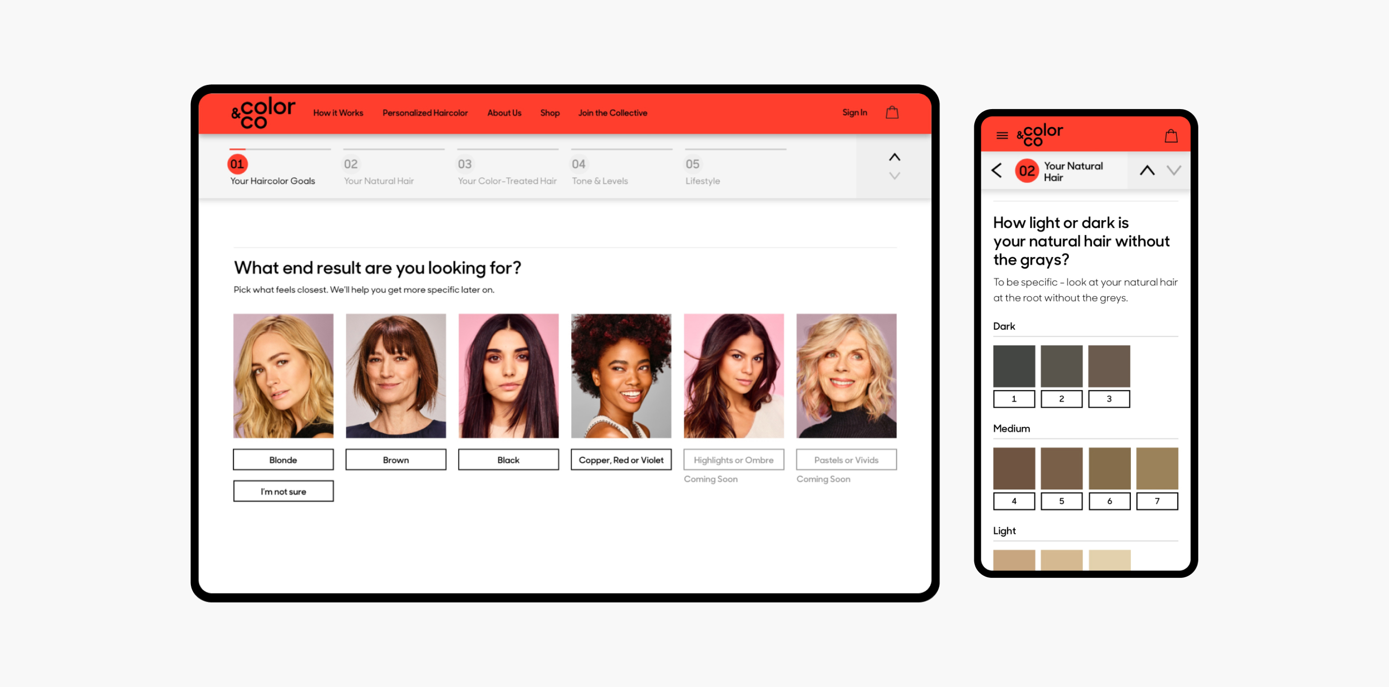 Website screens showing a hair color selection tool with options Blonde, Brown, Black, Copper, Red or Violet and a mobile view for natural hair shade selection from dark to light.