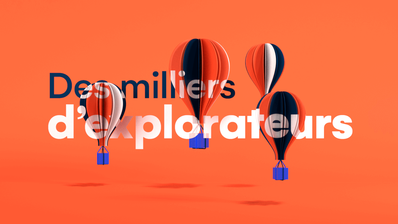 Stylized 3D hot air balloons for motion design on a vivid orange background