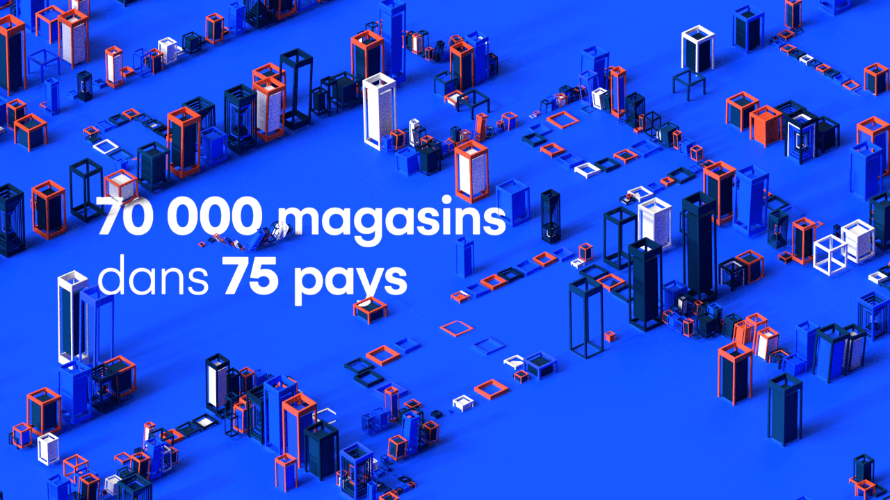 3D representation of a city composed of abstract and colored 3D cubes and grids.